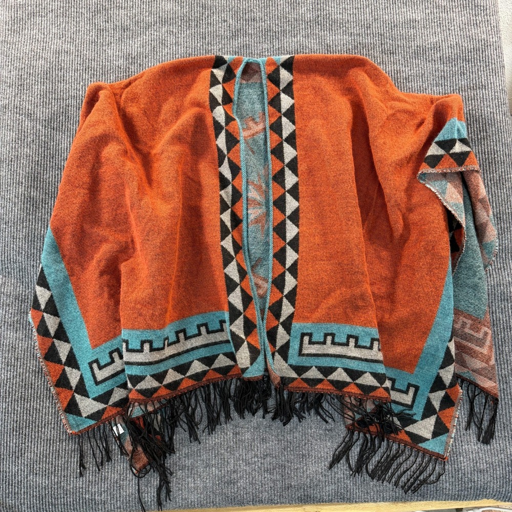 Southwestern Geometric Open Front Poncho Knit Fringe Wrap Shawl Orange Teal OS